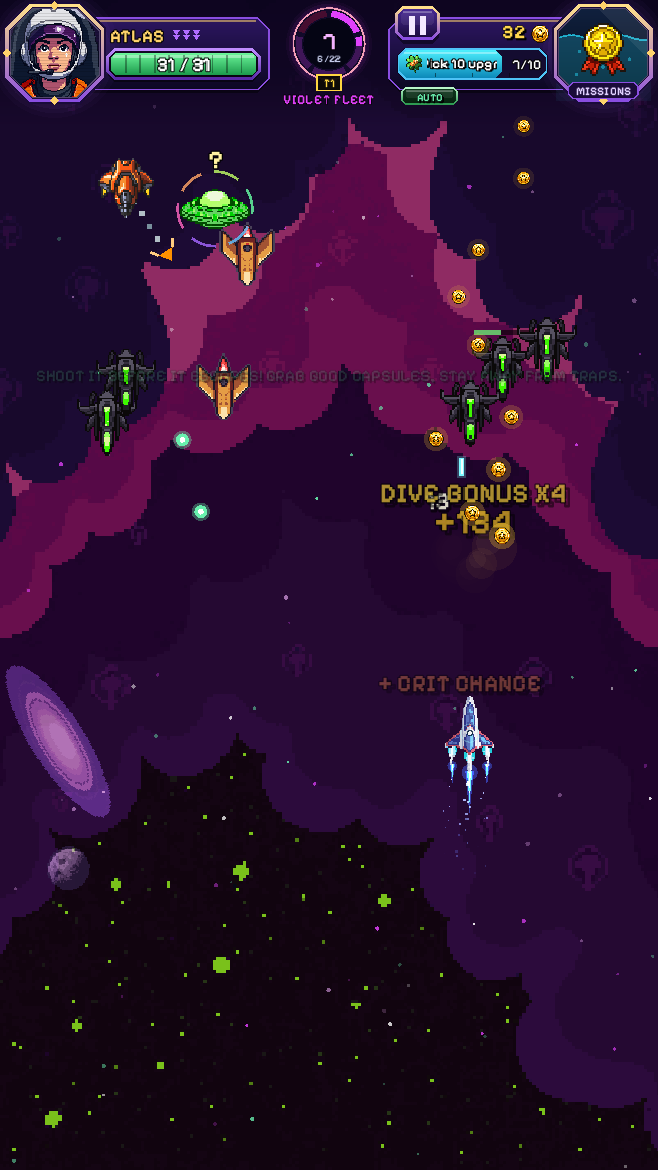 Pixiel gameplay: dodging an enemy fleet